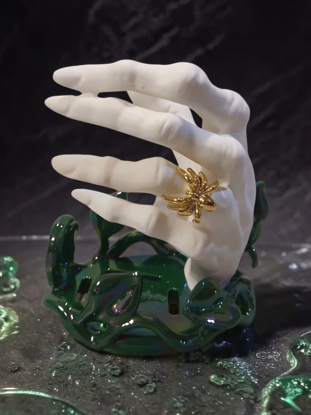 Ceremic Spooky White Hand With Gold Ring On Green Ivy Base